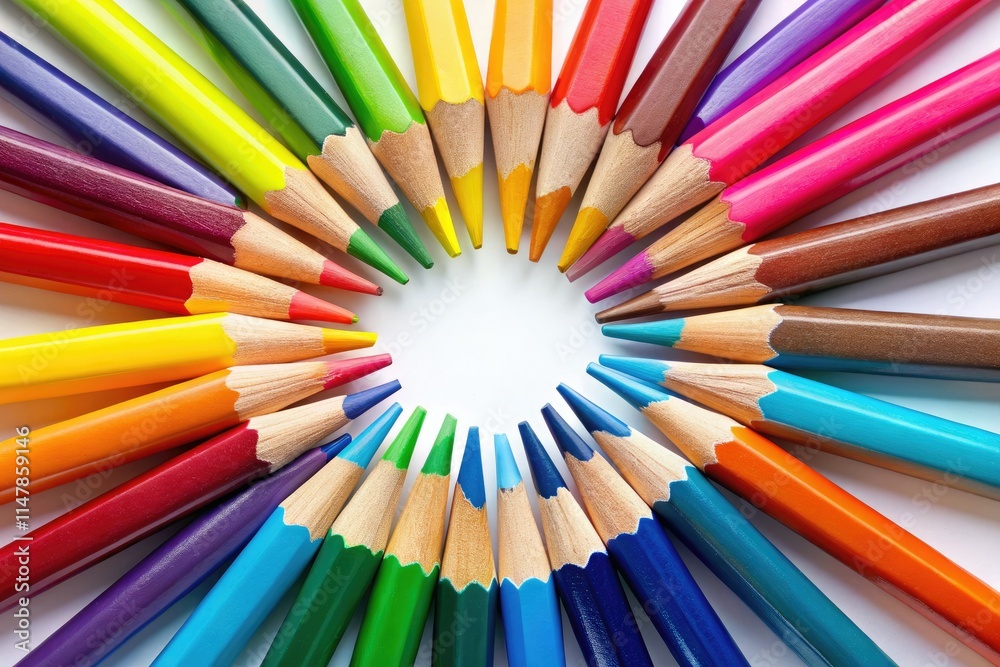 Close-up shot: a circle of brightly colored pencils, a captivating arrangement of art supplies.