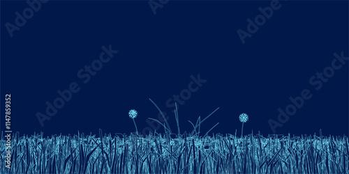 Grass field prairie vector illustration, wild meadow landscape drawing, grassy plains Field. Blue contour