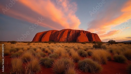 Uluru at sunset, showcasing the iconic sandstone monolith bathed in warm hues of orange, red, and purple