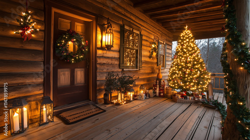 Rustic porch glowing with garland, warm lanterns, and a twinkling Christmas tree beside a wreath-covered door