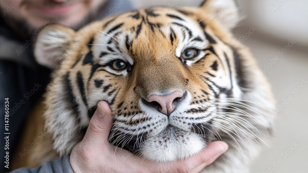 Obraz premium A close-up portrait of a Siberian tiger head being gently cradled by a human hand under its chin.