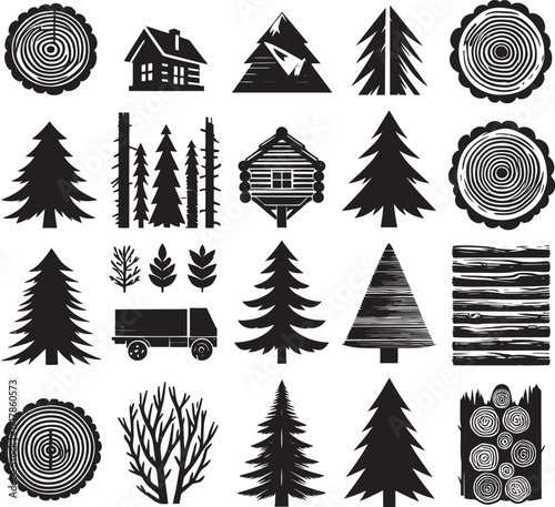 Black and white forest icons set.