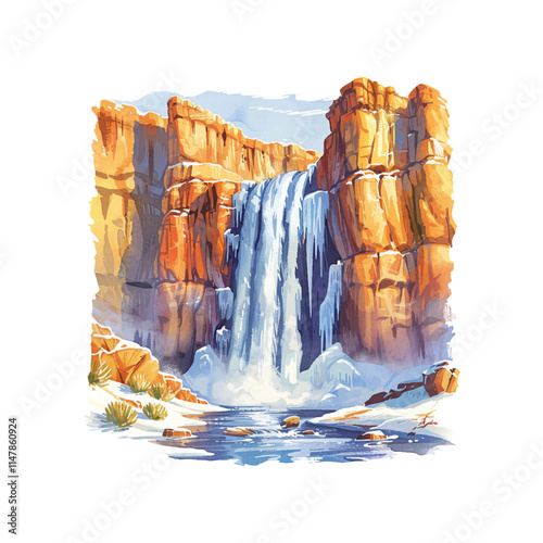 frozen waterfall in canyon vector illustration in watercolor style