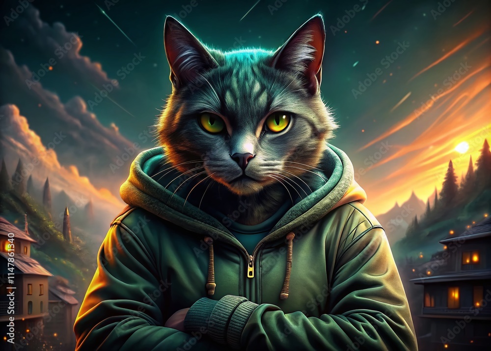 Fototapeta Gangster Cat Landscape Photography: Cool Green Hoodie, Crossed Arms