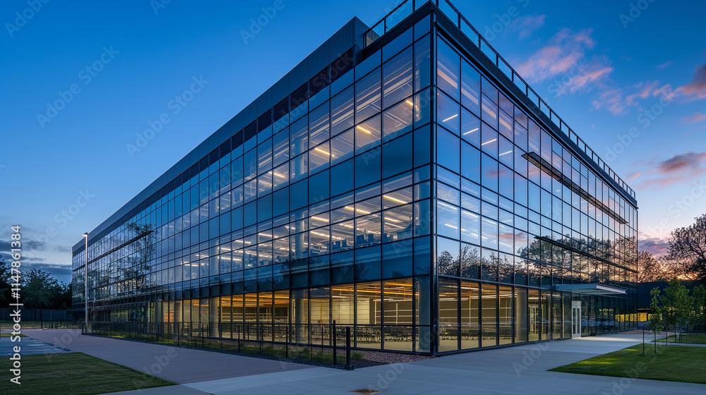 Modern Glass Facade Building at Twilight Modern Glass Facade Building at Twilight