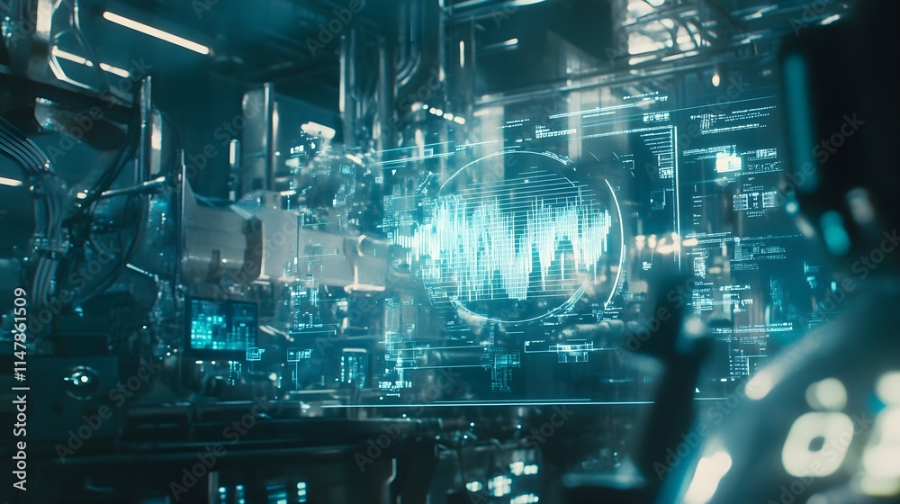 A futuristic and high-tech factory interior with holographic displays, industrial machinery, and digital blueprints in the background. The scene is bathed in soft light, creating an atmosphere A futuristic and high-tech factory interior with holographic displays, industrial machinery, and digital blueprints in the background. The scene is bathed in soft light, creating an atmosphere