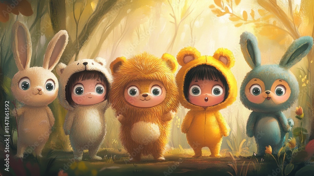 Obraz premium Children Dressed As Adorable Forest Animals In A Sunny Grove