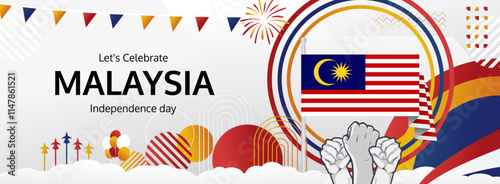 Malaysia National Day greeting banner concept. August 31st is celebrated as Malaysia Independence Day. Modern template backgrounds with flag and raised fist, great for national holiday poster.