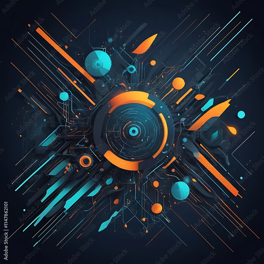 Obraz premium a retro futuristic cosmic space scene, a shining sun or orb at the center, surrounded by geometric shapes, planets, comets, and shooting stars, in a vibrant color palette of oranges, blues, and greens