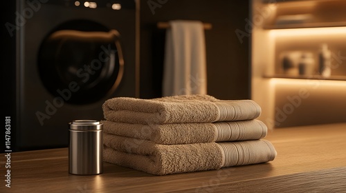 Soft Brown Towels Stacked Near Modern Washer Warm Laundry Room Setting photo