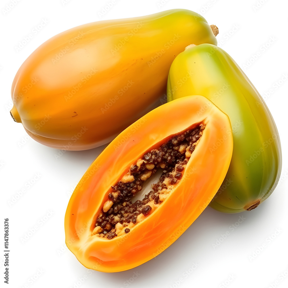 Cut Papaya over orange table background for tropical fruit design concept, top view copy space. Cut Papaya over orange table background for tropical fruit design concept, top view copy space.