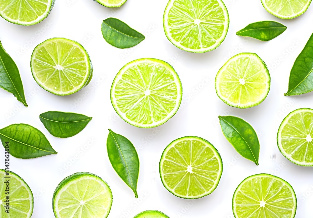 A vibrant photograph of fresh lime slices, a close-up shot on a white background, emphasizing the bright green color and textured surface, with leaves scattered around for contrast. The lighting A vibrant photograph of fresh lime slices, a close-up shot on a white background, emphasizing the bright green color and textured surface, with leaves scattered around for contrast. The lighting