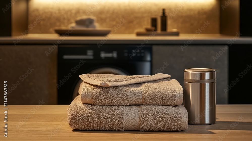 Soft Beige Towels Stacked Near Modern Washer Warm Lighting Soft Beige Towels Stacked Near Modern Washer Warm Lighting