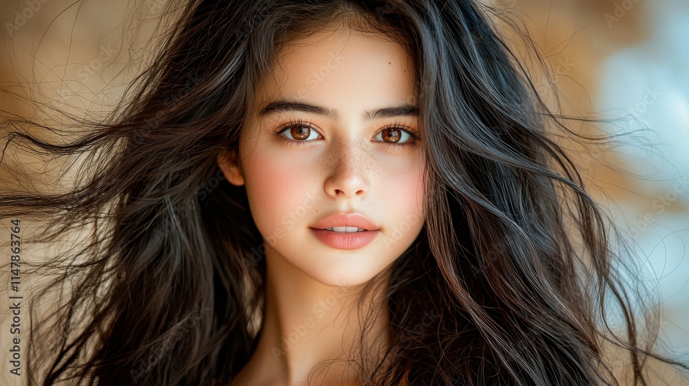 A young woman with flowing long dark hair gazes confidently into the camera, her brown eyes captivating and full of determination. A young woman with flowing long dark hair gazes confidently into the camera, her brown eyes captivating and full of determination.