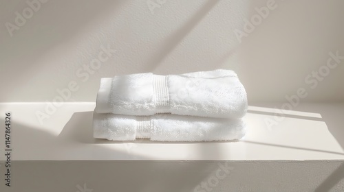 A white cotton towel neatly folded, sitting on a flat white surface with soft shadows on either side.