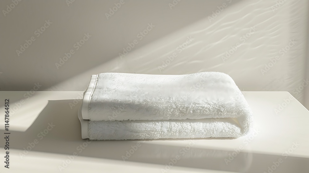 Fototapeta premium A white cotton towel neatly folded, sitting on a flat white surface with soft shadows on either side.