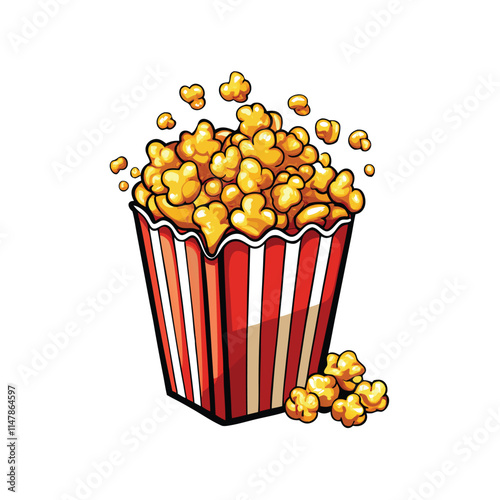 A rustic wooden box overflowing with golden, buttery popcorn, kernels spilling onto a surface; some popcorn pieces are slightly popped.