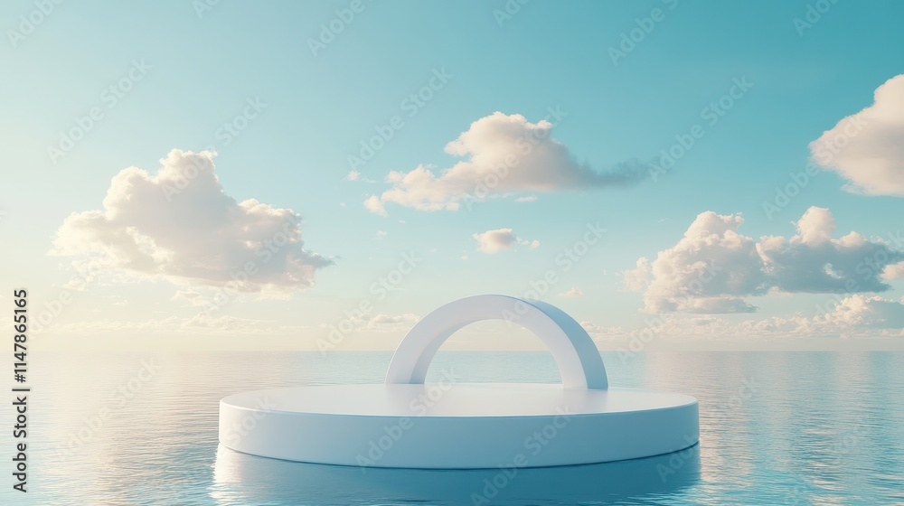 Naklejka premium 3D white cylindrical podium with cloud on sky,cotton candy and fluffy product display background,exhibition gallery display,vector,Product presentation realistic podium,platform,space for text.