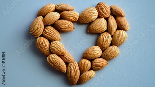 A heart shape made of almonds against a light blue background, symbolizing love for healthy snacks and nutrition. photo