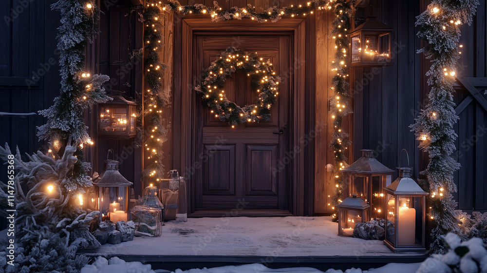 custom made wallpaper toronto digitalCozy entrance adorned with frosty garlands, glowing lanterns, and a rustic wooden wreath with silver accents