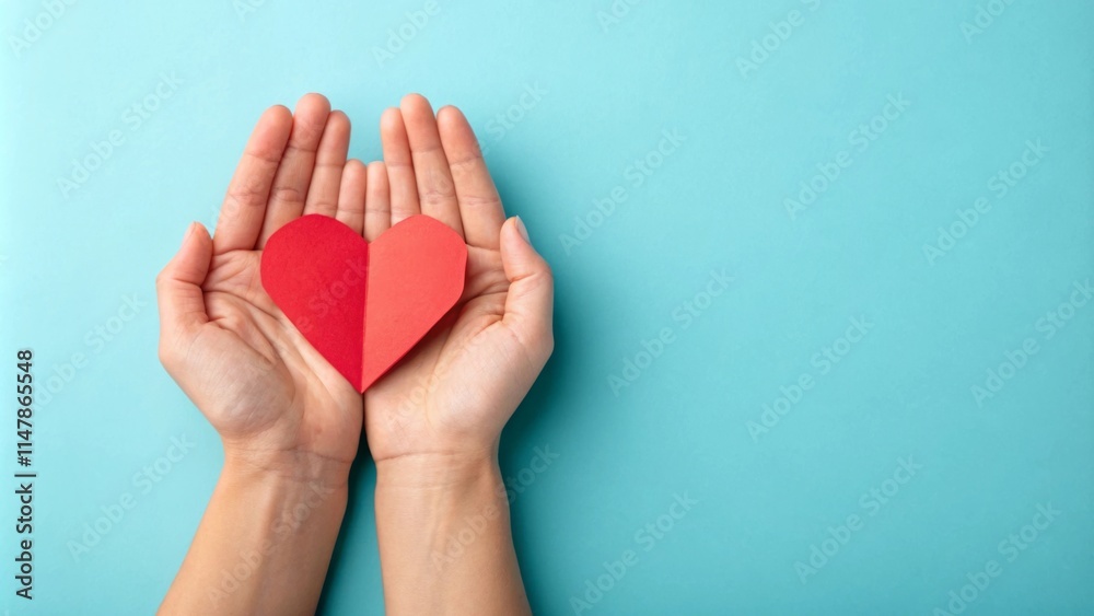 Woman holding red paper heart in open palms on turquoise background Woman holding red paper heart in open palms on turquoise background