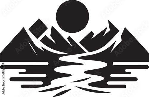 Black and white illustration of mountains, river, and sun.