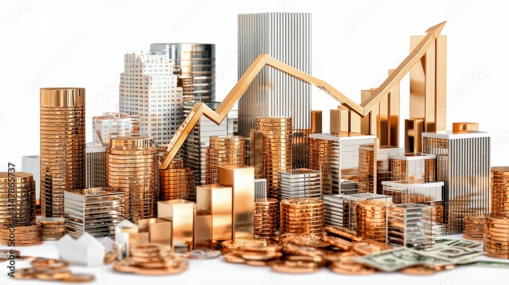Golden cityscape with upward trending graph, coins, and dollar bills illustrating financial growth and success. Golden cityscape with upward trending graph, coins, and dollar bills illustrating financial growth and success.