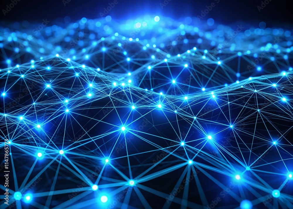 Glowing Blue Network, Digital Landscape, Abstract Art, Deep Depth of Field, Interconnected Dots, Lines, Dark Background, Sci-fi, Futuristic, Technology, Network Design Glowing Blue Network, Digital Landscape, Abstract Art, Deep Depth of Field, Interconnected Dots, Lines, Dark Background, Sci-fi, Futuristic, Technology, Network Design