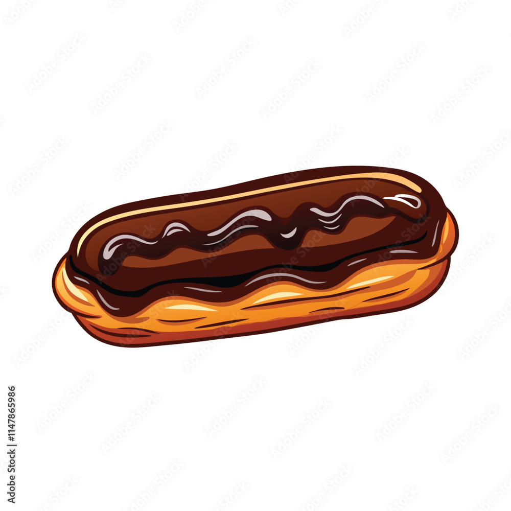 A close-up shot of a single, decadent chocolate éclair with glossy, dark chocolate frosting, showcasing its rich texture and creamy filling. A close-up shot of a single, decadent chocolate éclair with glossy, dark chocolate frosting, showcasing its rich texture and creamy filling.