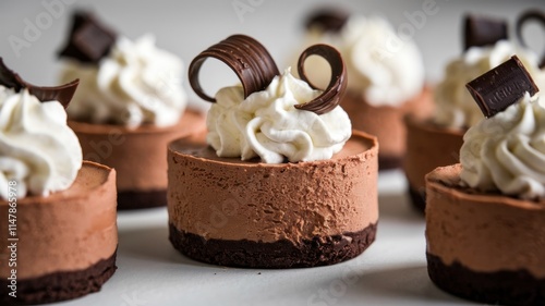 Promotional photo. Chocolate cheesecake with different layers: a base of dark chocolate, milk chocolate and a crown of whipped vanilla cream. photo