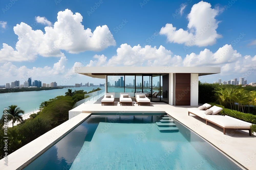 Fototapeta premium This contemporary Florida home features a private rooftop infinity pool with a view of the Miami skyline.