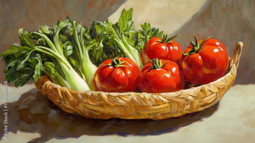 A vibrant basket filled with fresh red tomatoes and green leafy vegetables, showcasing the beauty of organic produce. A vibrant basket filled with fresh red tomatoes and green leafy vegetables, showcasing the beauty of organic produce.