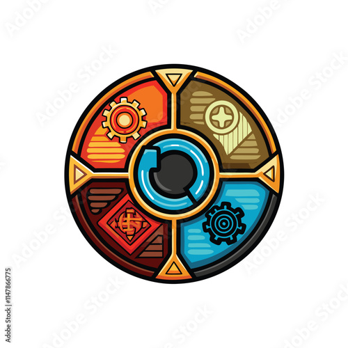 Create a circular process diagram with four equal segments, each visually distinct, illustrating a cyclical workflow.  Include clear labels and directional arrows.