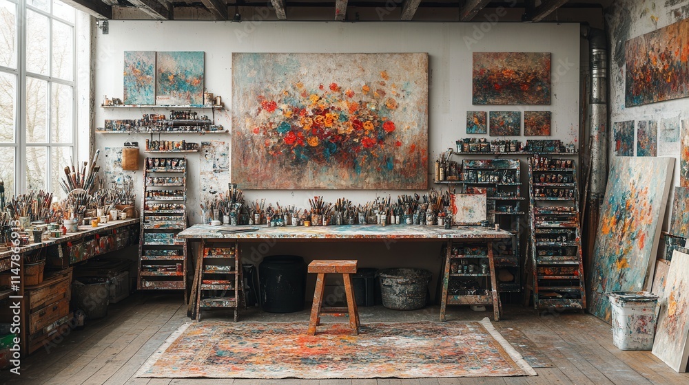 A vibrant artist's studio filled with colorful paintings, brushes, and art supplies, showcasing creativity and inspiration.