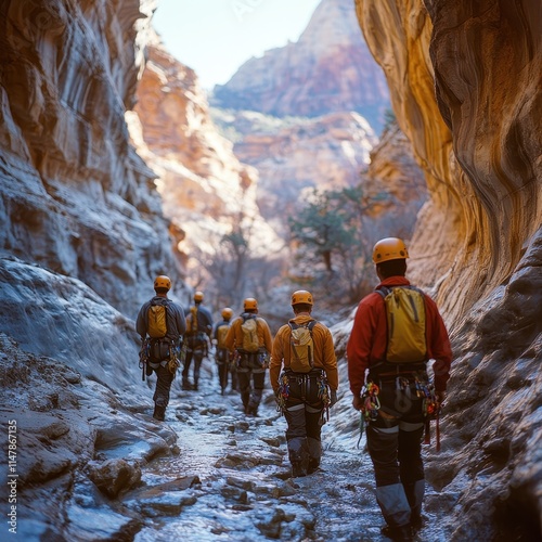 Group of Canyoners Helping Each Other Rappel Down a Rocky Cliff photo