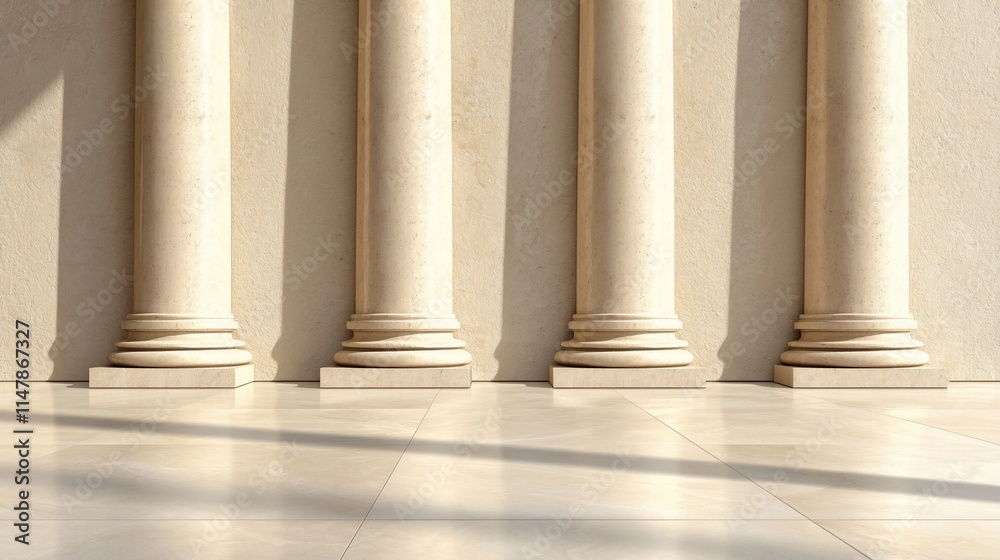 Four classical columns against a beige wall and floor. Four classical columns against a beige wall and floor.