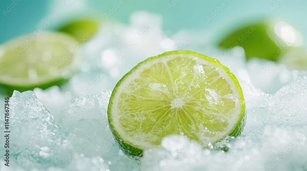 Fresh lime slices on a bed of ice, showcasing vibrant green color and refreshing appeal, perfect for cocktails or culinary dishes. Fresh lime slices on a bed of ice, showcasing vibrant green color and refreshing appeal, perfect for cocktails or culinary dishes.