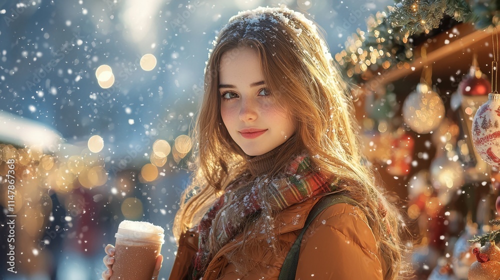 The young woman walked through the Christmas market, her cheeks rosy from the chilly air and her eyes sparkling with holiday spirit The young woman walked through the Christmas market, her cheeks rosy from the chilly air and her eyes sparkling with holiday spirit