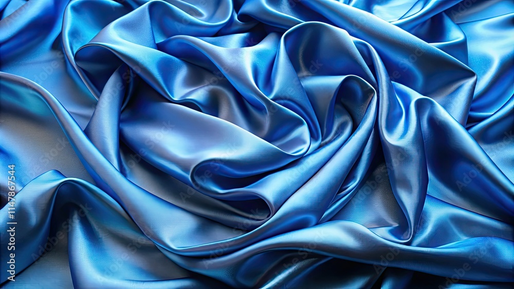 Obraz premium Shiny, smooth blue silk satin flows elegantly in a wave. Aerial photography captures its luxurious texture.