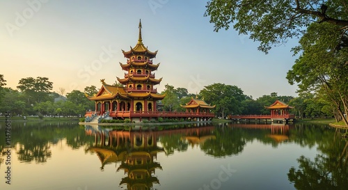 Serene Pagoda Lake Asian Temple Calm Water Sunrise Reflection
