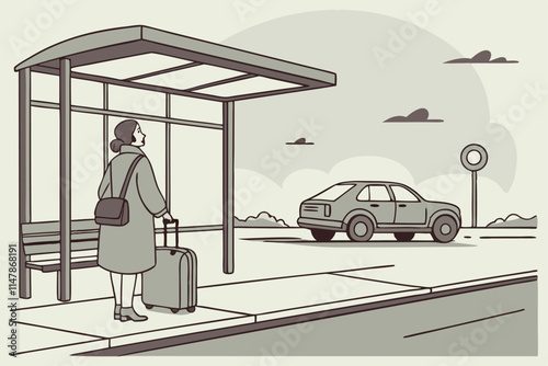 Lady is waiting in a bus stop with luggage, a car going