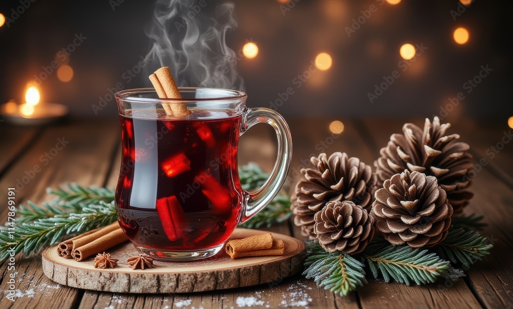 Warm spiced drink with cinnamon and pinecones