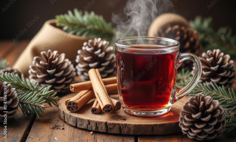 Warm herbal tea with cinnamon and pinecones