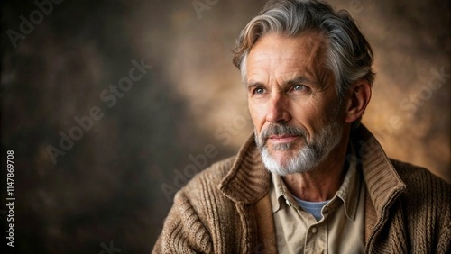 Thoughtful elderly Caucasian man with gray hair in a cozy sweater against a warm background copy space