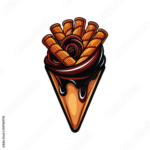 A crispy, golden-brown churro cone generously dusted with cinnamon sugar, accompanied by a rich chocolate dipping sauce.