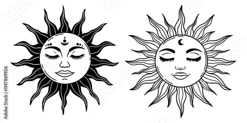 Set of Sun and crescent moon vector silhouette design. Vector illustration set of moon phases. Boho sun with face. Line Art Vector Collection. Mystical, esoteric and occult magic signs