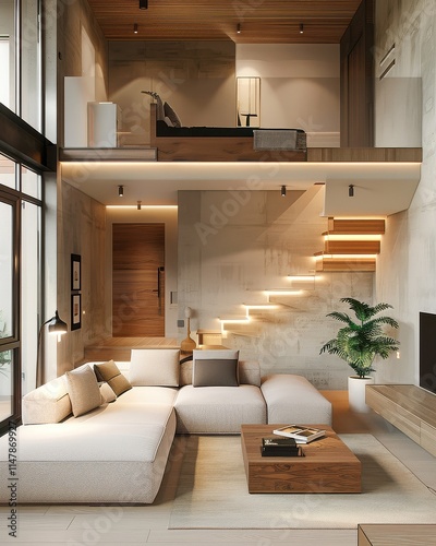 Modern Two-Story Living Room with Open Concept Layout and Sleek Furniture.