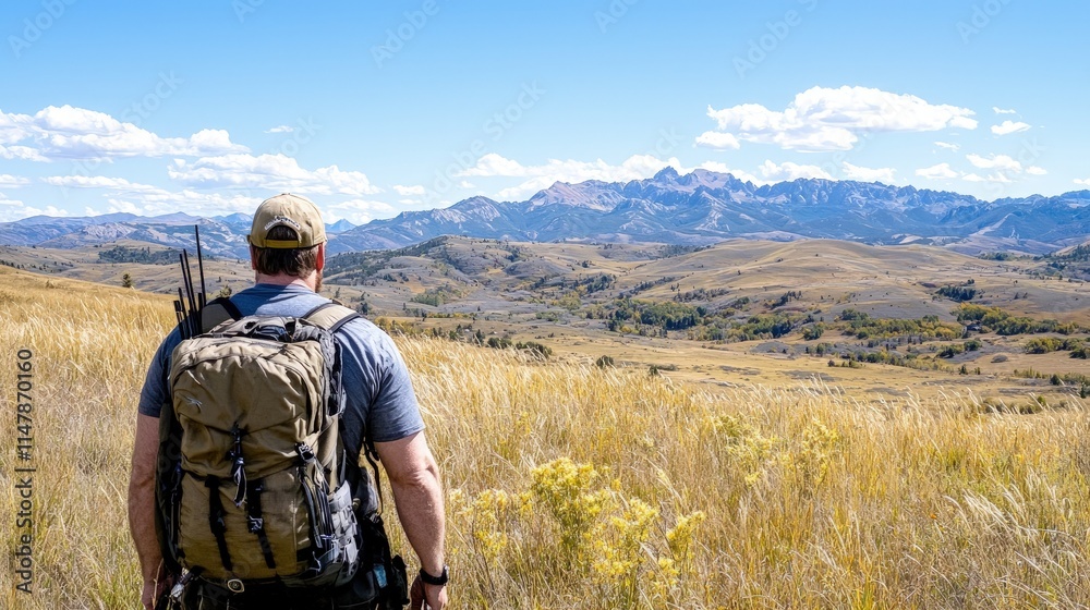 Man hiking in vast mountain landscape, enjoying scenic view. Man hiking in vast mountain landscape, enjoying scenic view.