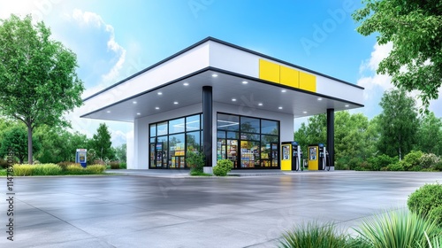 Modern Gas Station with Convenience Store in a Green Landscape on a Sunny Day with Blue Sky and Clouds