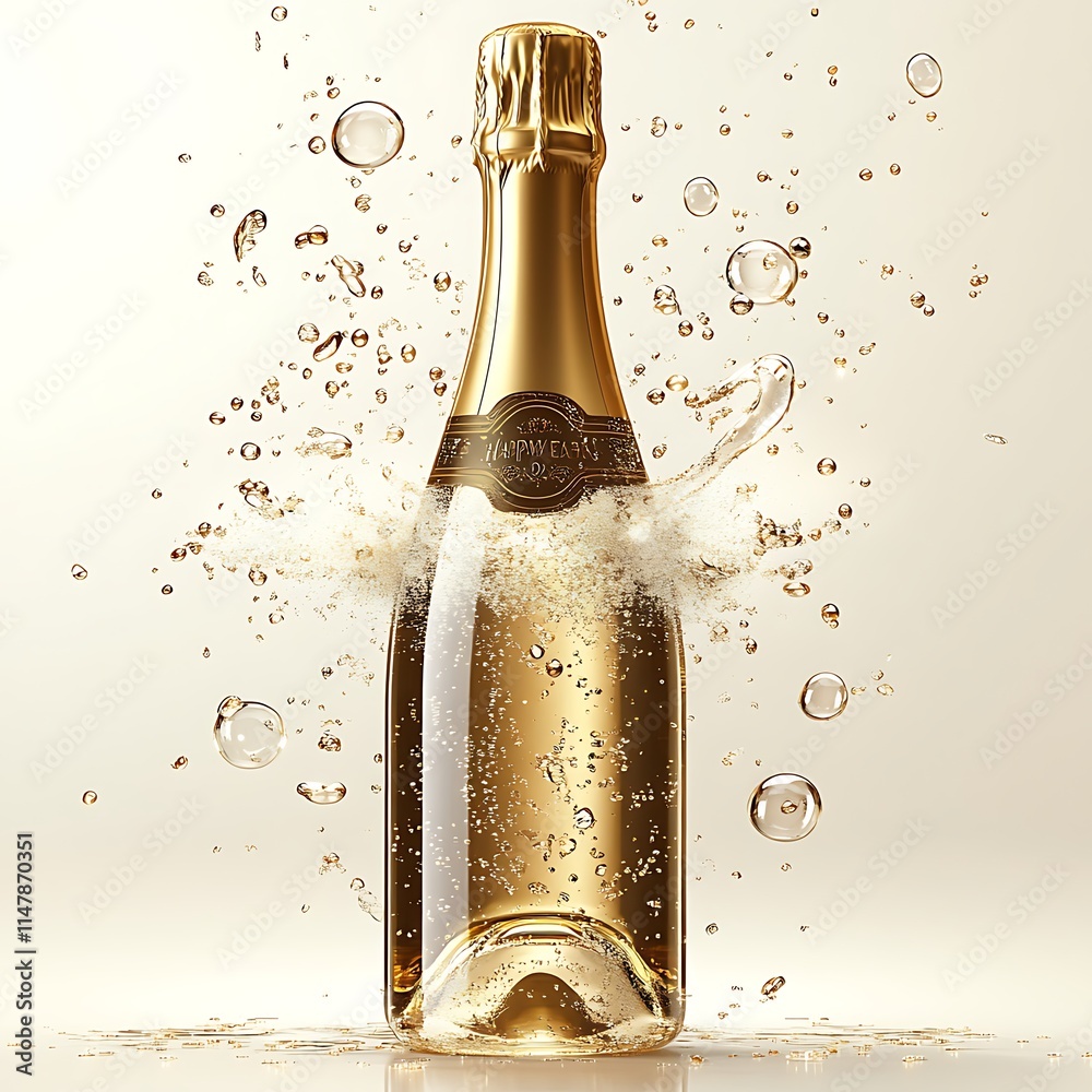Fototapeta premium A vibrant happy new year 2025 graphic featuring a central cartoon-style champagne bottle popping open with animated bubbles and sparkles. Set against an isolated white background, the design 